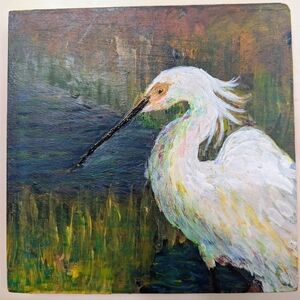 Art, White Egret, Original Painting on Wood Canvas